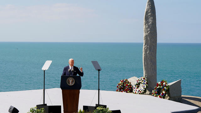 U.S. President Joe Biden delivers remarks at the World War II Pointe du Hoc Ranger Monument, in Cricqueville-en-Bessin 