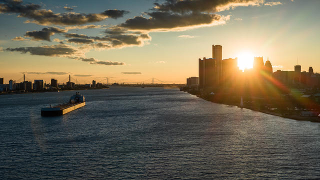 Barge on Detroit River at Sunset - Aerial 