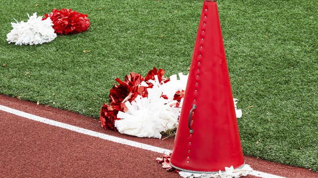 Cheerleaders megaphone and pom poms 