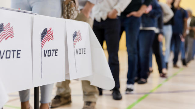 Low angle view of people lined up to vote 