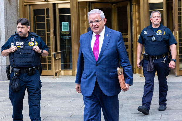 Sen. Robert Menendez, a Democrat from New Jersey, center, exits federal court in New York on Wednesday, June 5, 2024. 