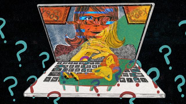 An illustration in pencil shows a therapist on the screen of a laptop. The therapist is an o lder woman and crosses her fingers in front of her face as she smiles. Her eyes are concealed by thick glasses. The screen glitch es and momentarily shows part of another woman's face. Behind her on the wall are two certificates, one inver t ed, that say "DO NOT COPY." A tiny patient is drawn lying on a couch on top of the laptop's keyboard , surrounded by floating question marks. 