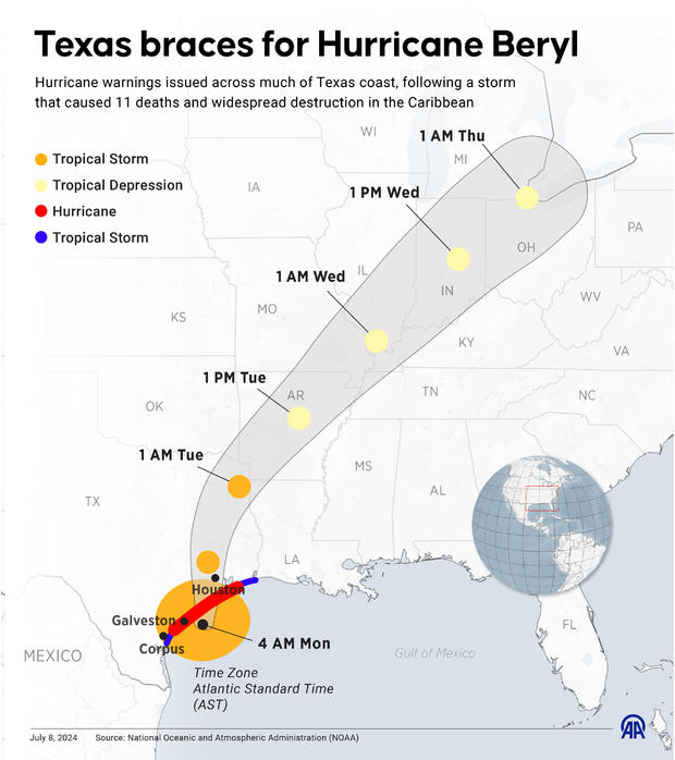 Map of Hurricane Beryl's path after making landfall in Texas 