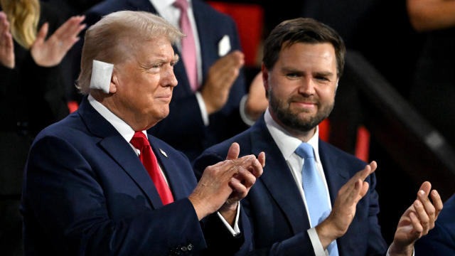 Former President Donald Trump, left, and Senator JD Vance, a Republican from Ohio and Republican vice-presidential nominee, during the Republican National Convention at the Fiserv Forum in Milwaukee, Wisconsin, US, on Monday, July 15, 2024. 