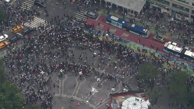 An aerial view of thousands of people crowded into Union Square. 