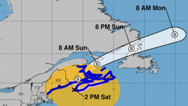 A map from the National Hurricane Center shows the probable path for the center of Post-Tropical Cyclone Lee as of 2 p.m. EDT on Sept. 16, 2023. 