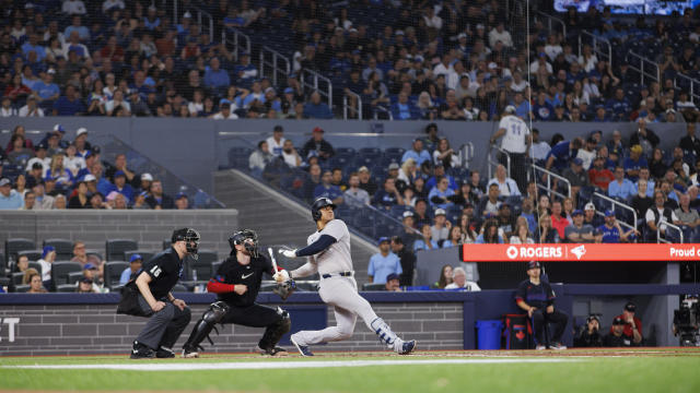 Juan Soto #22 of the New York Yankees hits a single in the ninth inning of their MLB game against the Toronto Blue Jays at Rogers Centre on June 28, 2024 in Toronto, Ontario, Canada. 