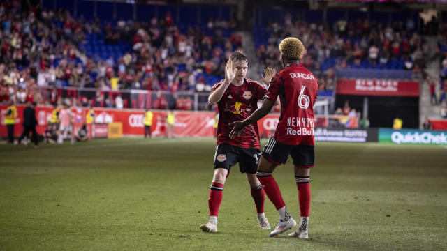 Cameron Harper #17 of New York Red Bulls celebrates his goal with teammate Kyle Duncan #6 of New York Red Bulls in the second half of the Major League Soccer match against the D.C. United at Red Bull Arena on June 29, 2024 in Harrison, New Jersey. 