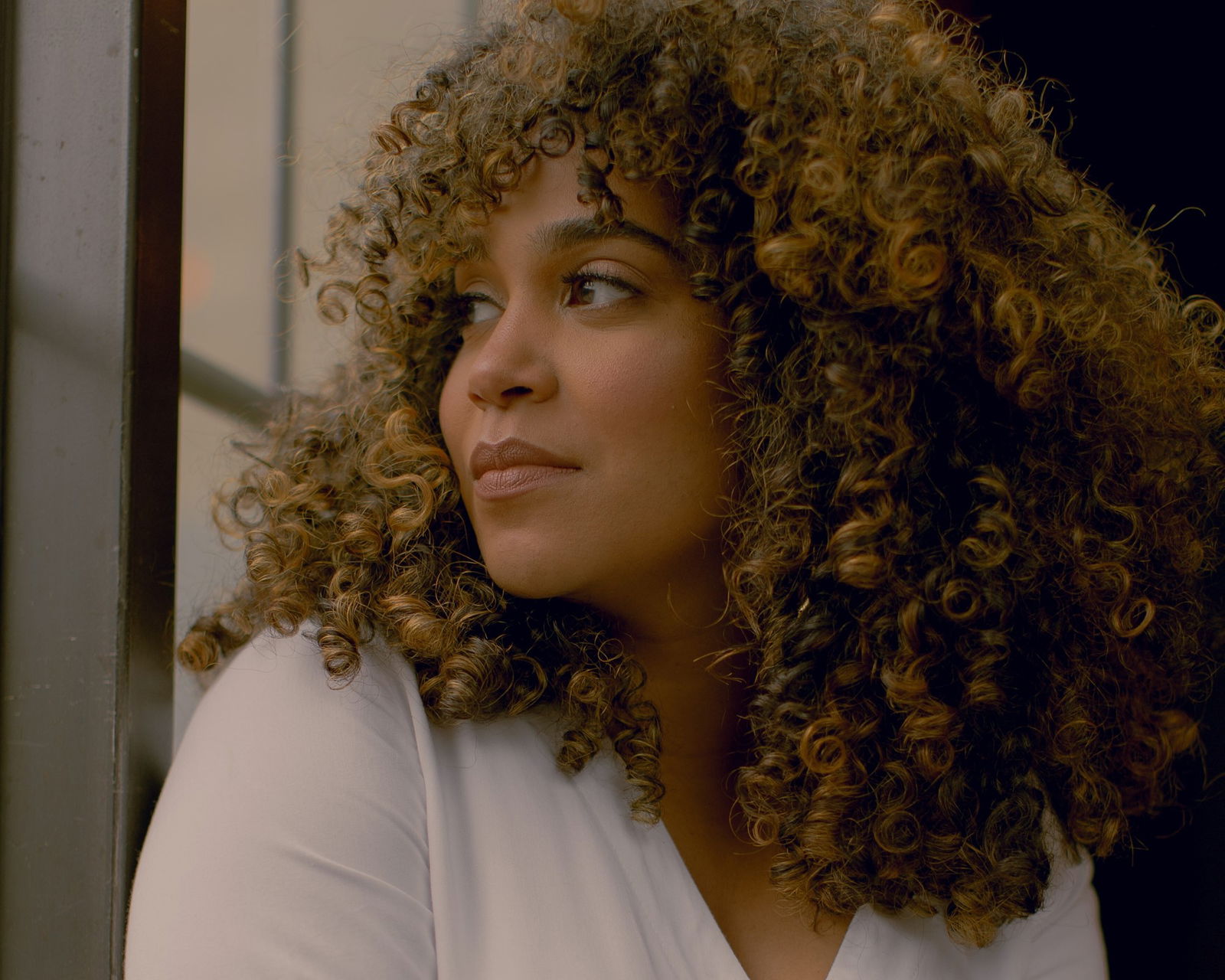 A headshot of Elizabeth Acevedo with curly brown hair looking to the left