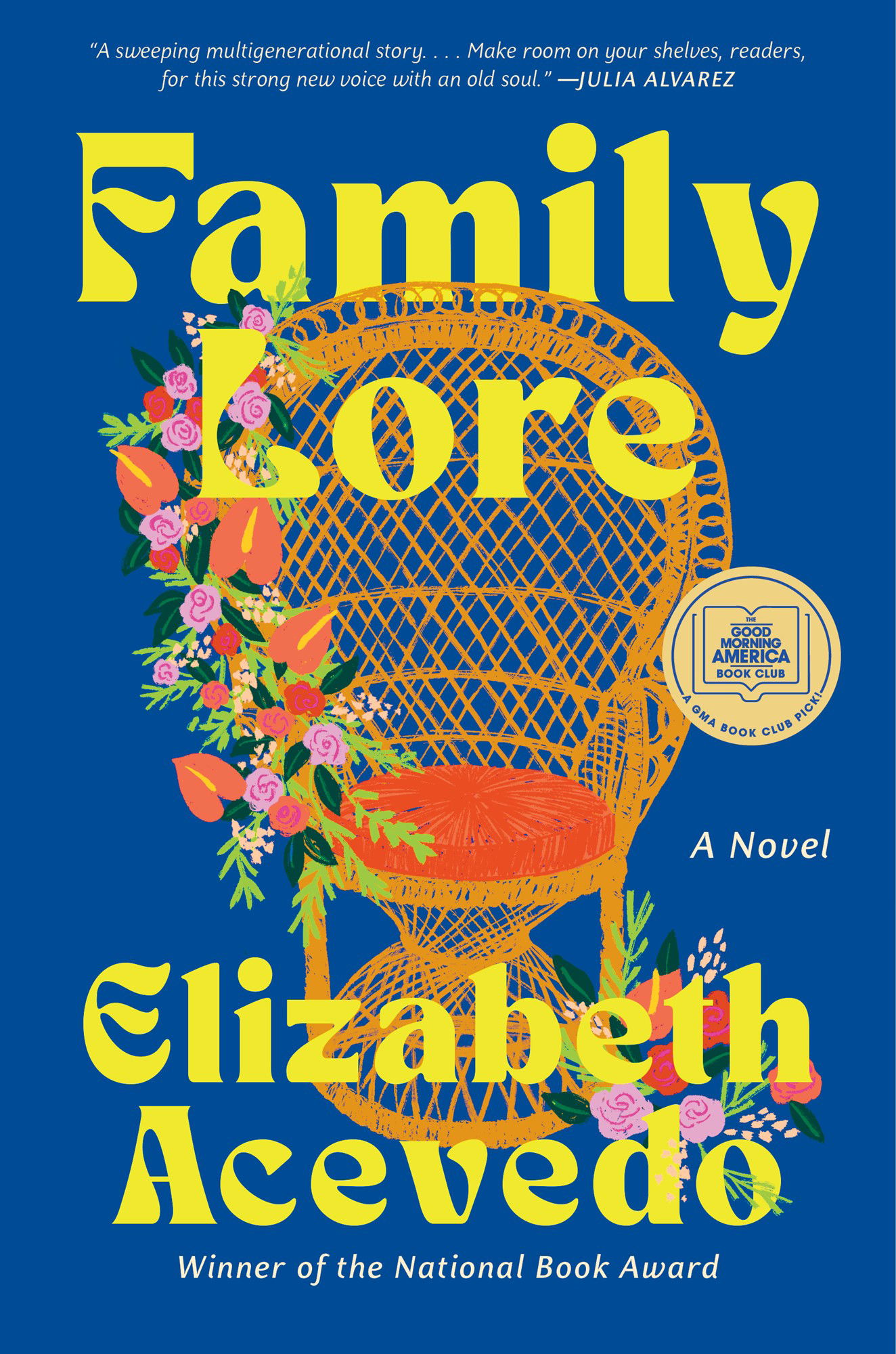 The blue Family Lore book cover with the title and Elizabeth Acevedo's name in yellow