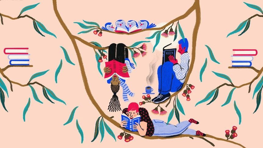 An illustration of people and birds reading books in a tree.