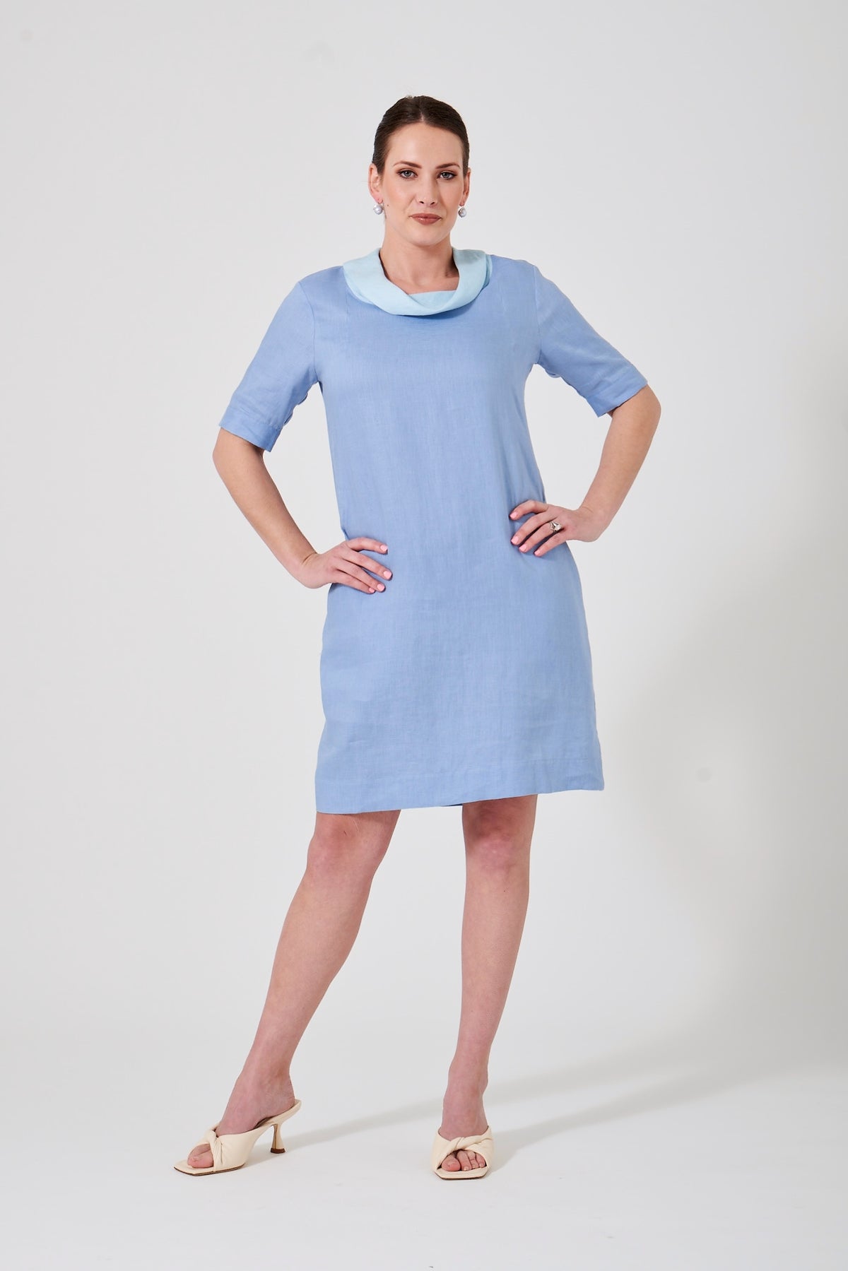 38" Twist Collar Elbow Sleeve Dress with Back Seam