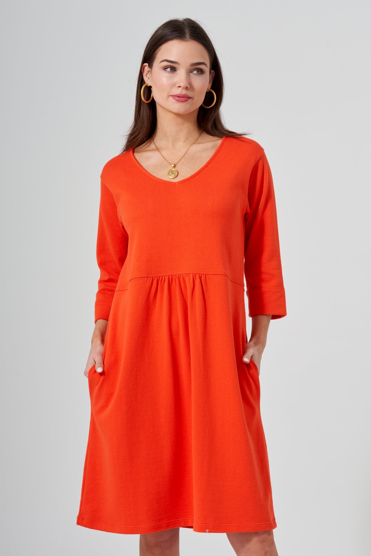 40" ¾ Sleeve V-Neck Empire Waist Dress