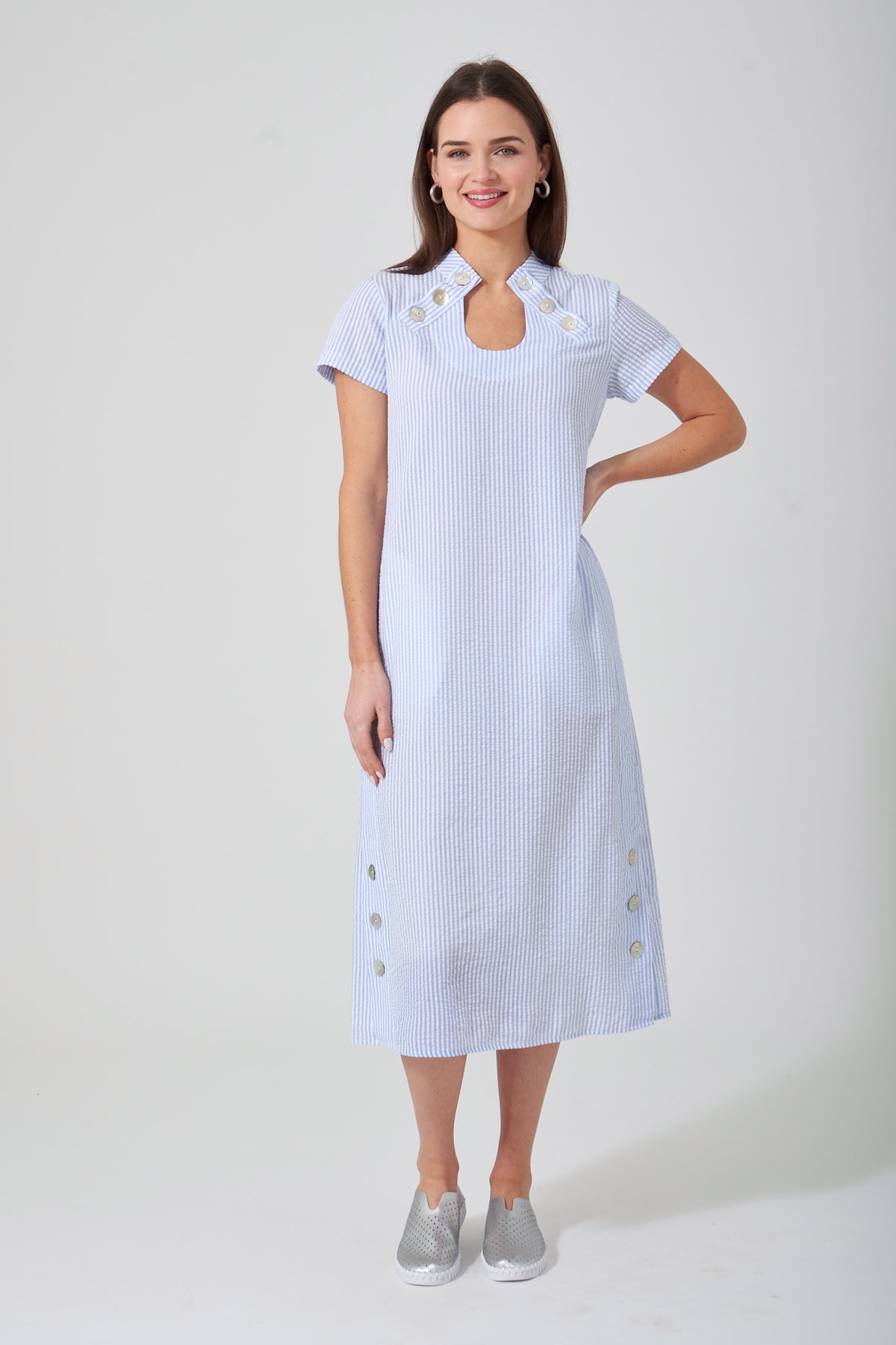 48" Seersucker Short Sleeve U Neck Dress