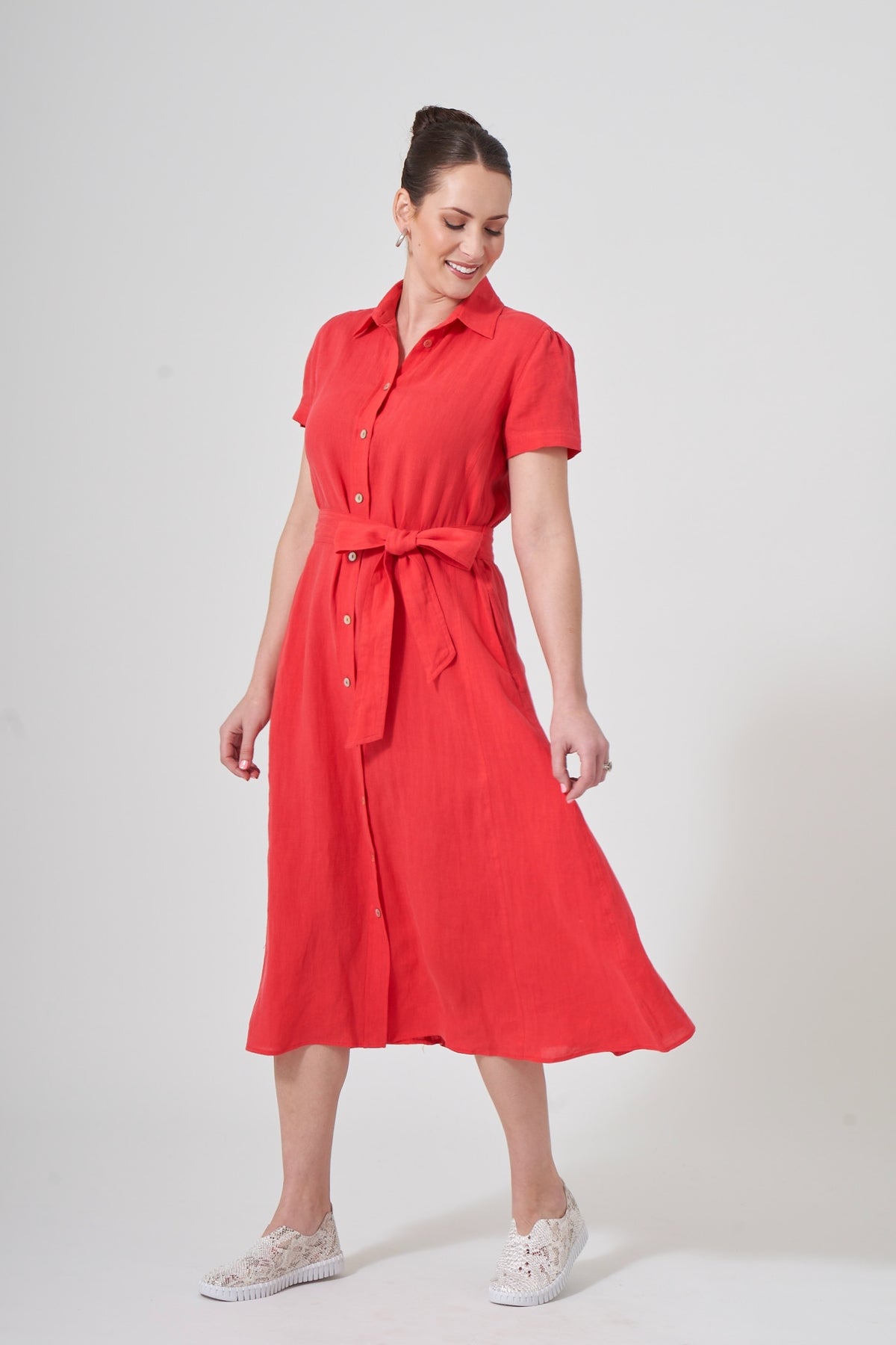 46" Short Puff Sleeve Button Front Dress