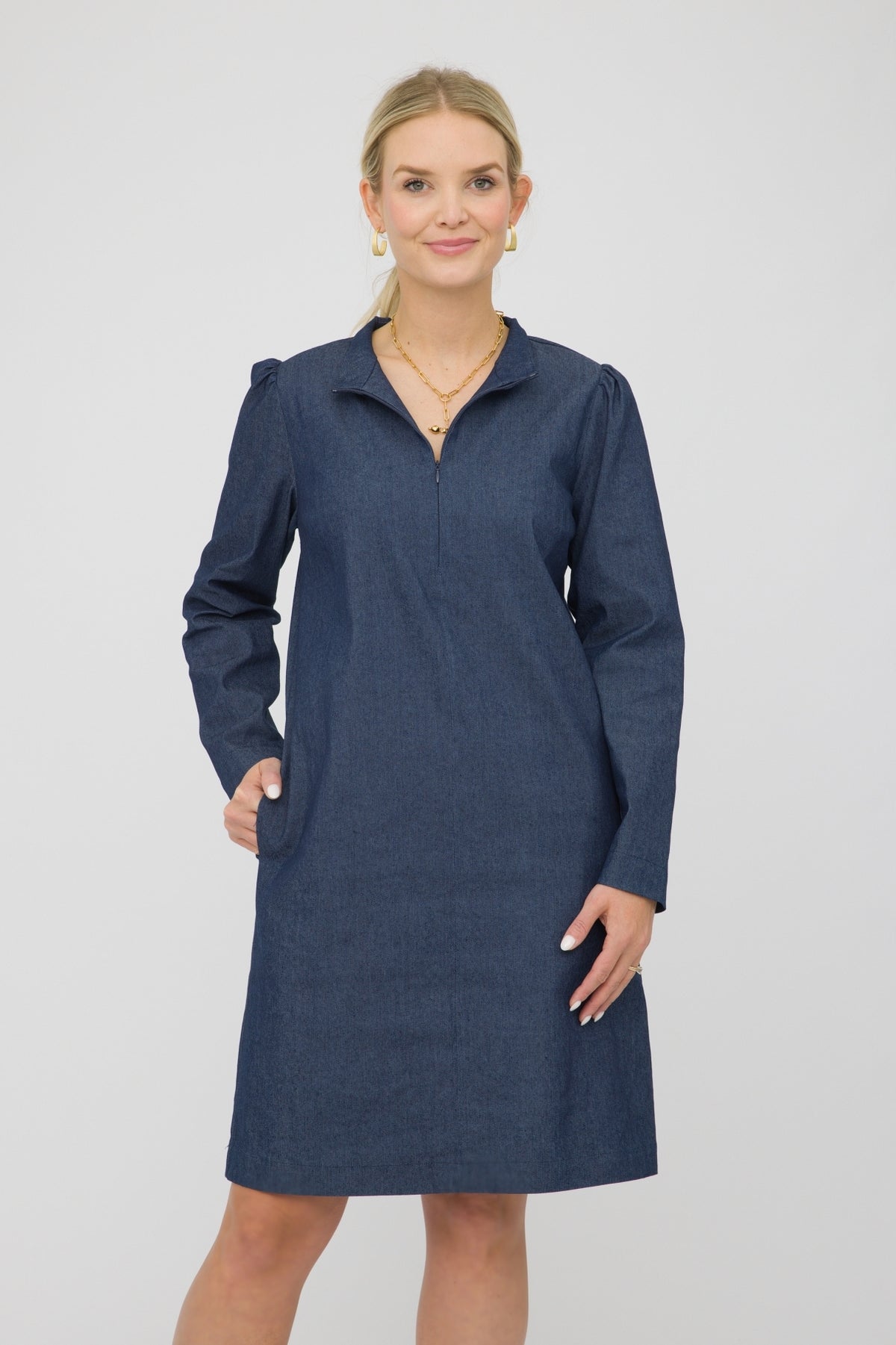 38" Mandarin Collar Denim Dress