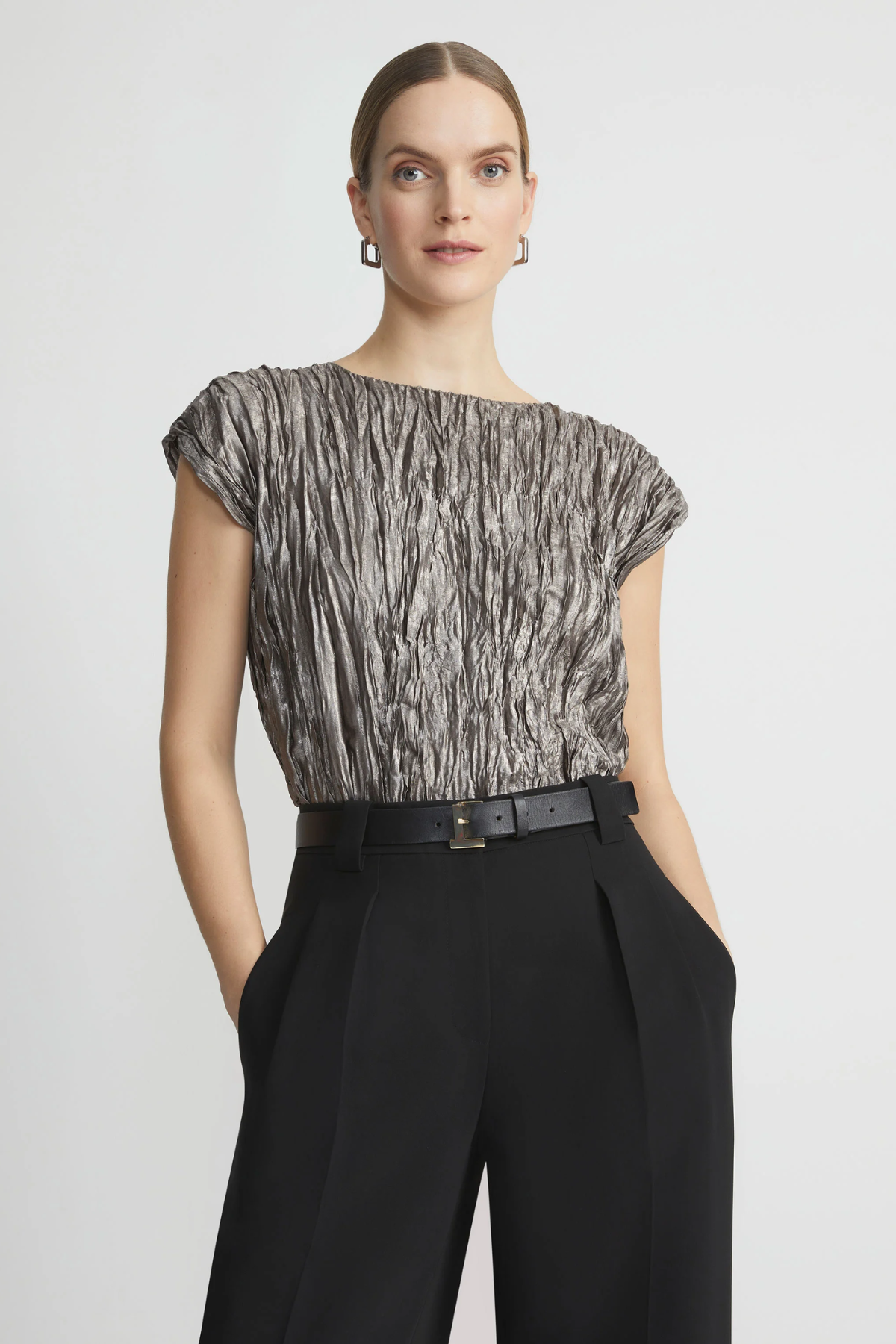 Metallic Plissé Cap Sleeve Blouse