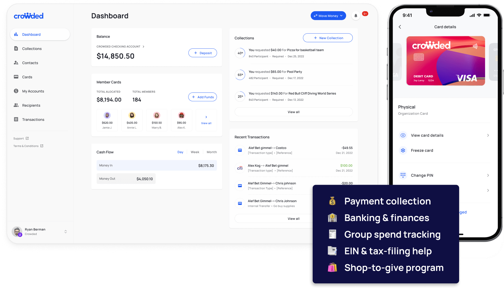 Crowded nonprofit bank account dashboard and digital debit cards for full control and visibility over spending. Stay tax exempt with our 990 form filings, EIN maitenance and incorporation services