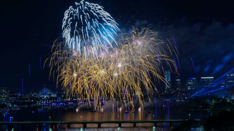 Fireworks over the Charles River during the 2022 Boston Pops Fireworks Spectacular.