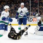 BOSTON, MASSACHUSETTS - FEBRUARY 08: Nikita Zadorov #91 of the Vancouver Canucks shoves Oskar Steen #62 of the Boston Bruins during the third period at the TD Garden on February 8, 2024 in Boston, Massachusetts. The Bruins won 4-0.