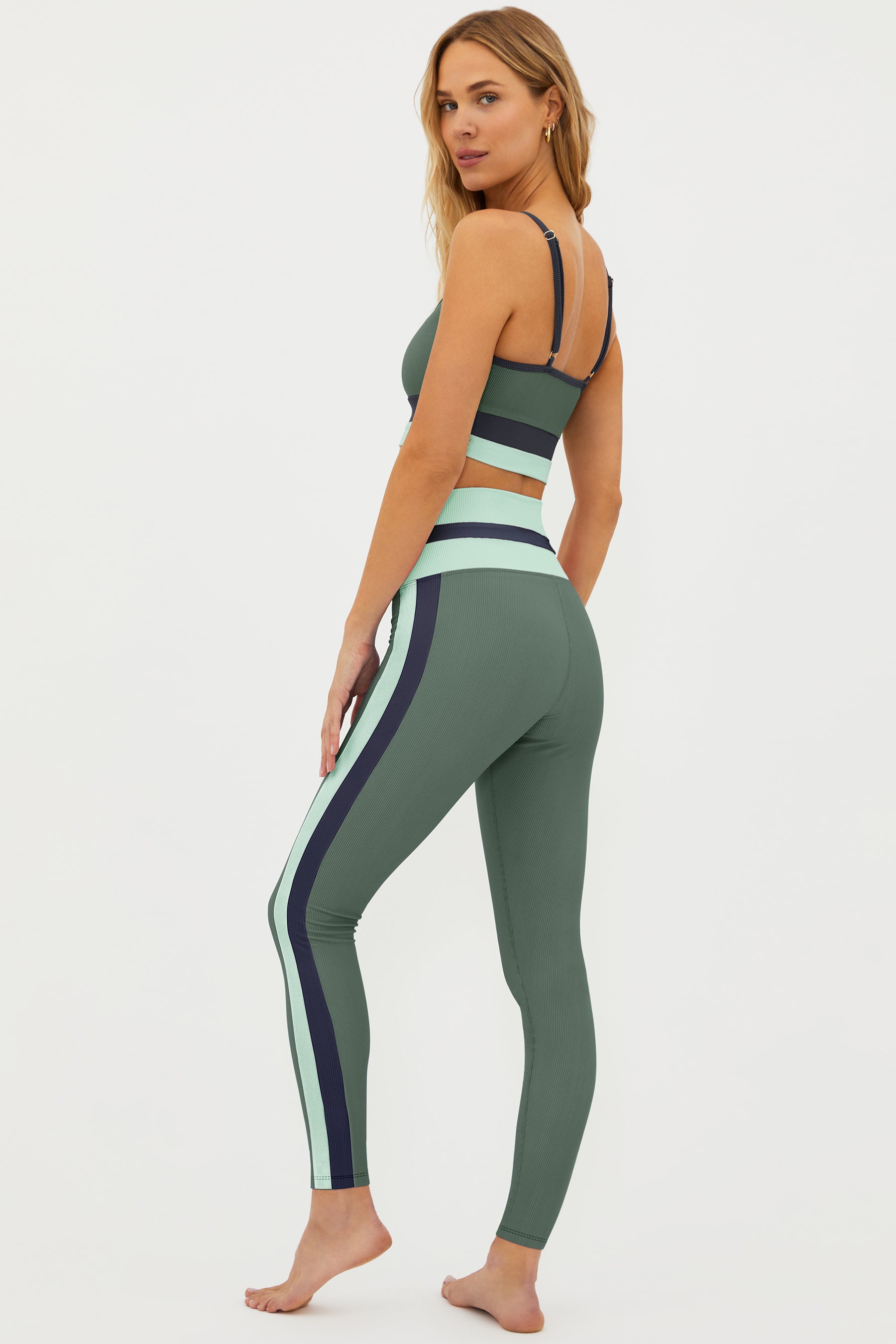 sage green ribbed high waist leggings with blue and charcoal colorblock p