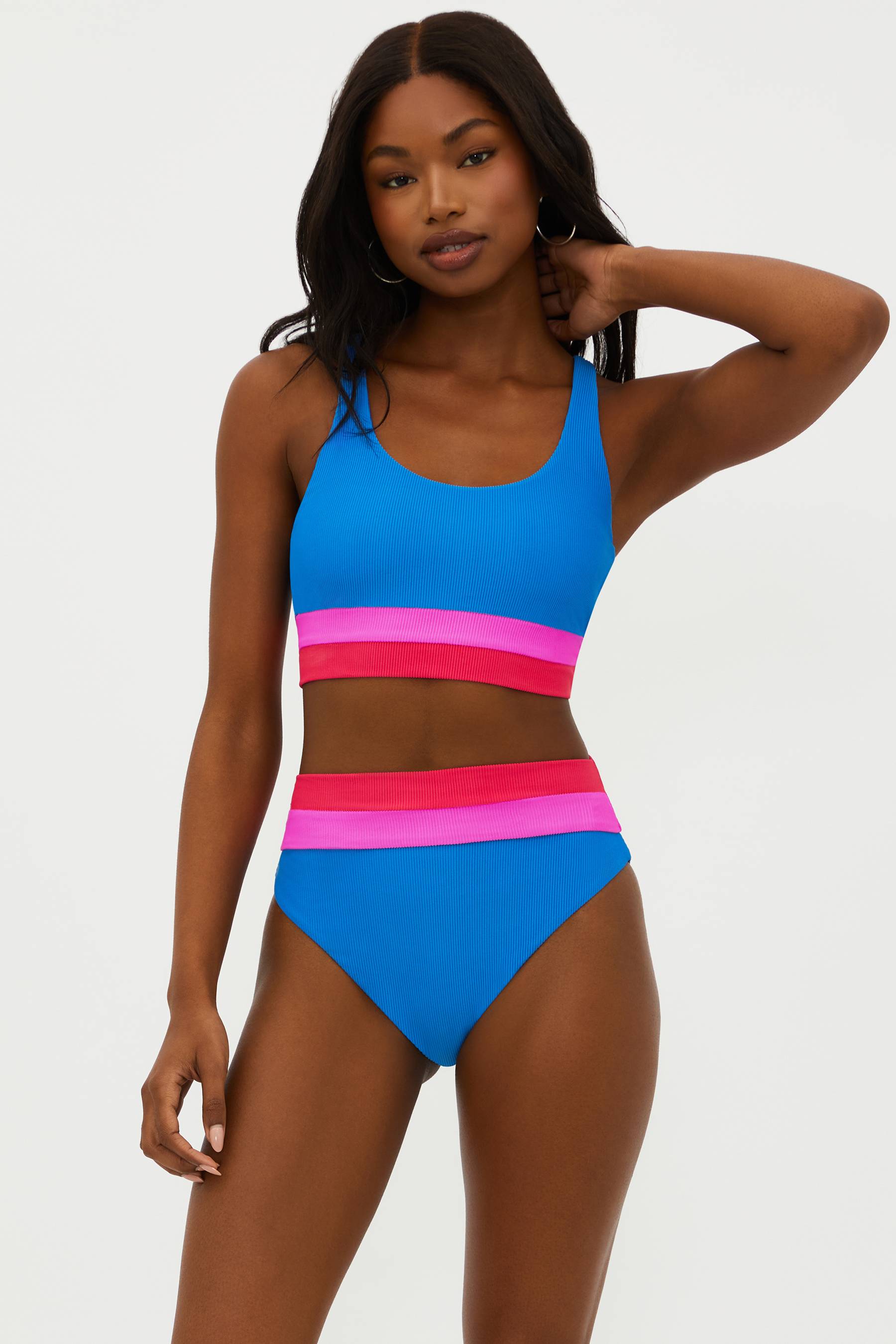 Blue and pink ribbed two piece swimsuit