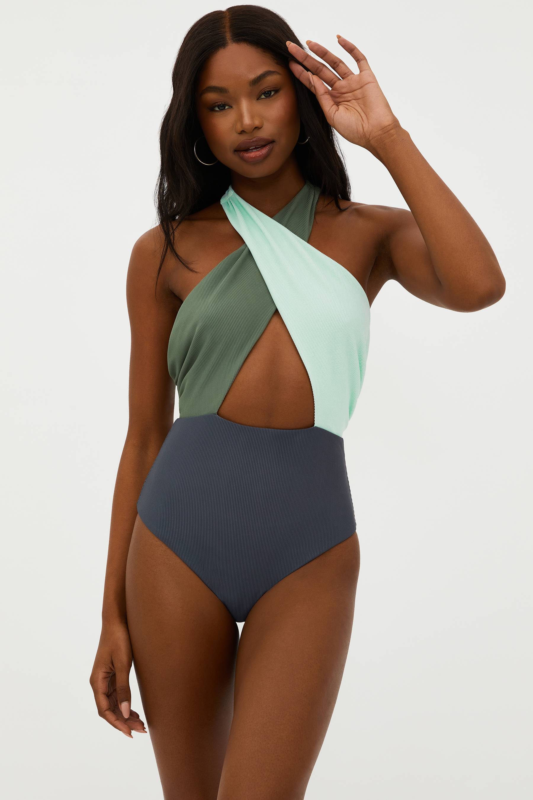 colorblock halter ribbed swimsuit. Sage, charcoal and icy blue