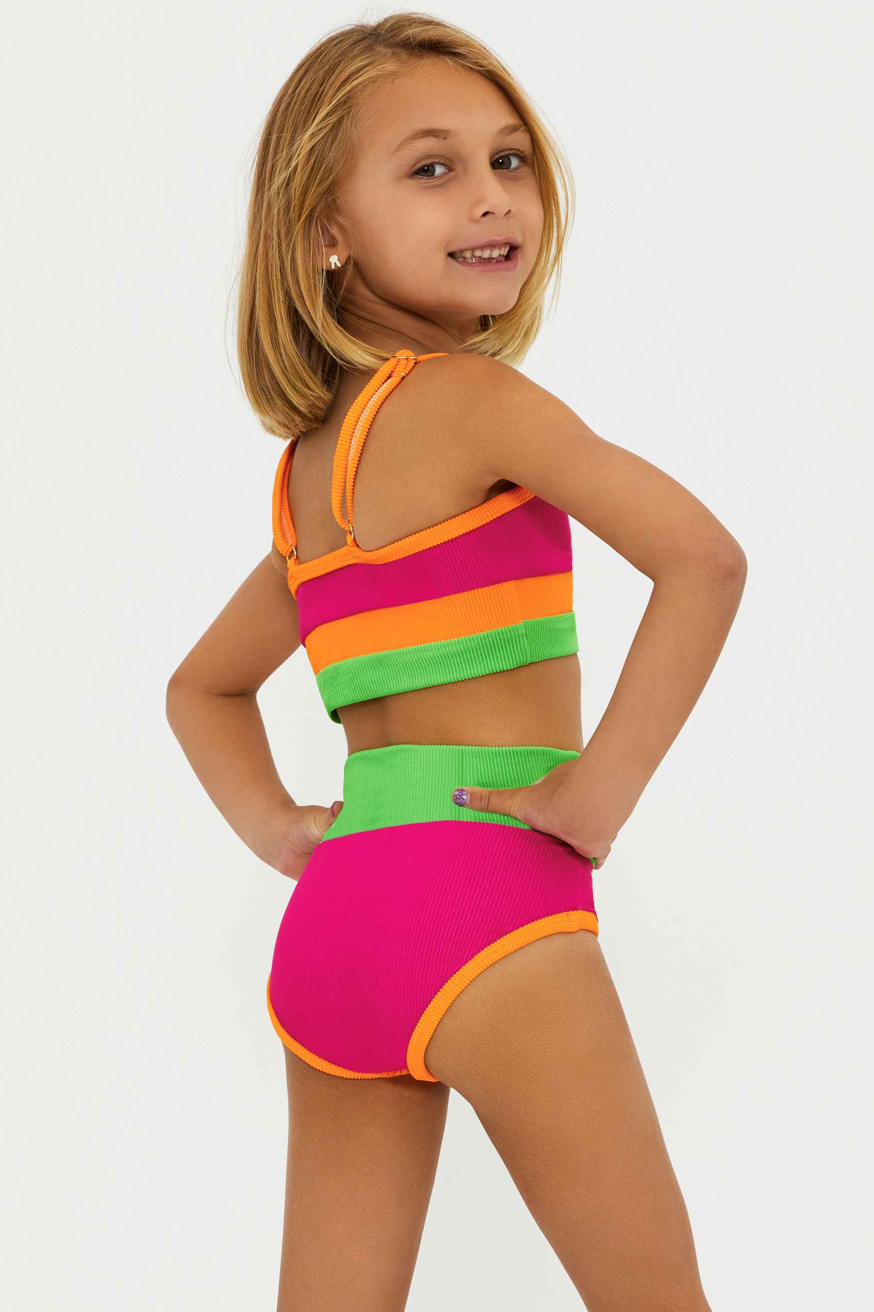 orange, pink and green colorblock ribbed swimsuit for girls