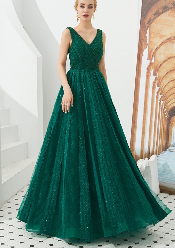 Daisda Dark Green V-Neck Evening Dress Long with Appliques Beads