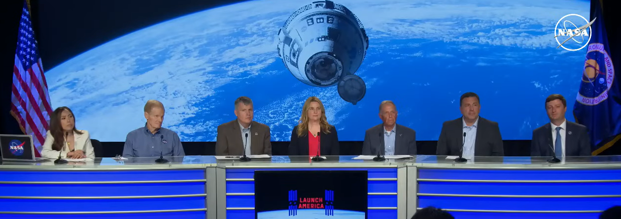 Officials from NASA, Boeing, ULA (United Launch Alliance) , and the U.S. Space Force 45th Weather Squadron participate in a prelaunch briefing for NASA’s Boeing Crew Flight Test at the agency’s Kennedy Space Center in Florida, Friday, May 3, 2024. 