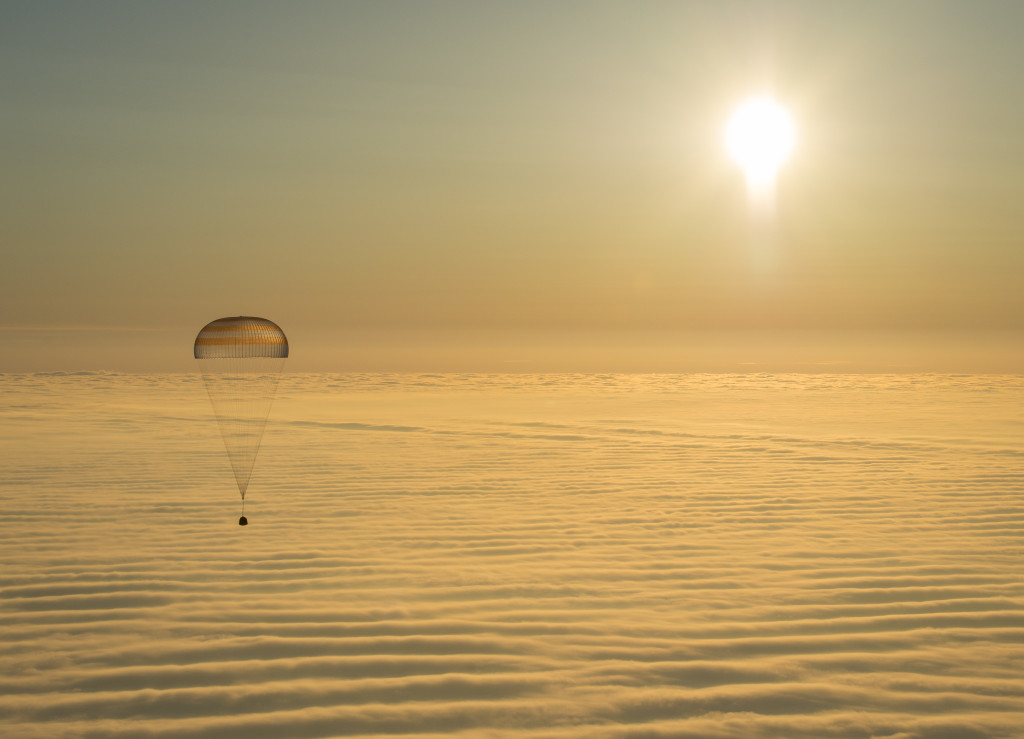 The Soyuz TMA-14M spacecraft is seen as it lands with Expedition 42 commander Barry Wilmore of NASA, Alexander Samokutyaev of the Russian Federal Space Agency (Roscosmos) and Elena Serova of Roscosmos near the town of Dzhezkazgan, Kazakhstan, on Wednesday, March 11, 2015 (Thursday, March 12, Kazakh time). 