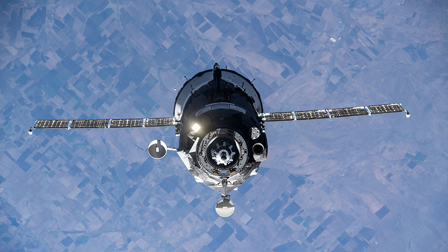 The Soyuz MS-19 crew ship approaches the space station for a docking on Oct. 5, 2021.