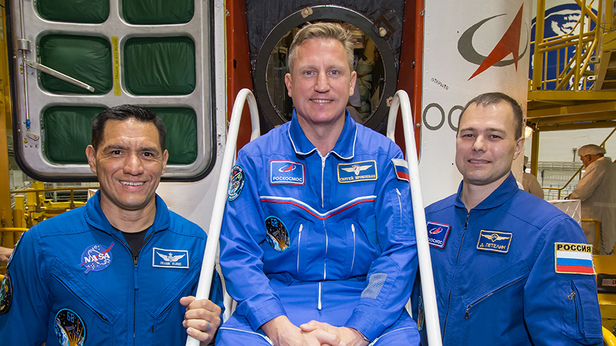 The station's newest crew members, (from left) Frank Rubio of NASA and Sergey Prokopyev and Dmitri Petelin, both from Roscosmos, pose for a portrait during a training session in Kazakhstan.