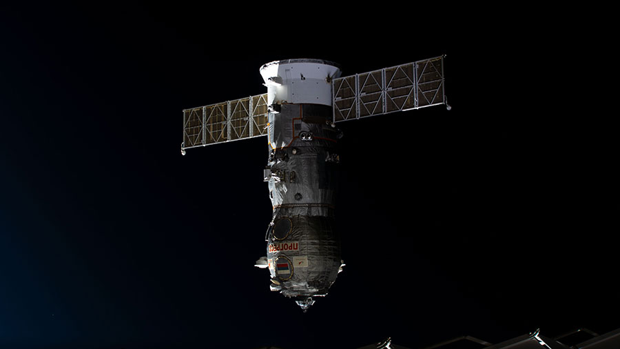 The trash-filled ISS Progress 80 cargo craft undocks the space station on Oct. 23, 2022, making way for the arrival of the ISS Progress 82 resupply ship.