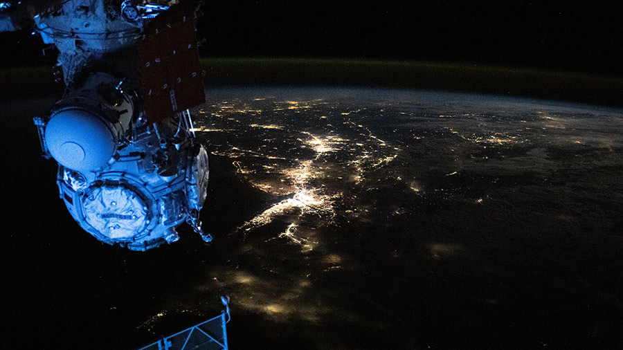 This nighttime view from the space station shows the city lights of the northeastern United States and its major urban areas.