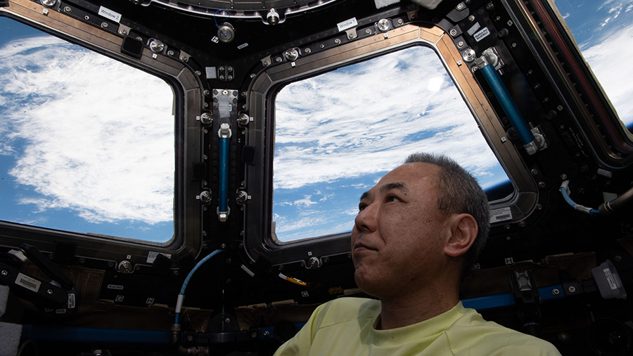 Astronaut Satoshi Furukawa peers at the Earth from inside the cupola as the International Space Station orbited above the south Atlantic Ocean.