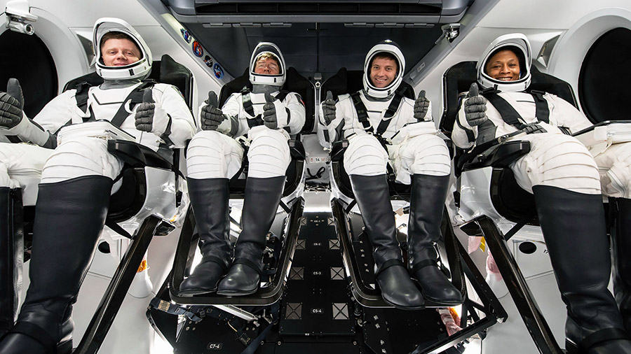 The crew of NASA’s SpaceX Crew-8 mission to the International Space Station poses for a photo during their Crew Equipment Interface Test at NASA’s Kennedy Space Center in Florida.