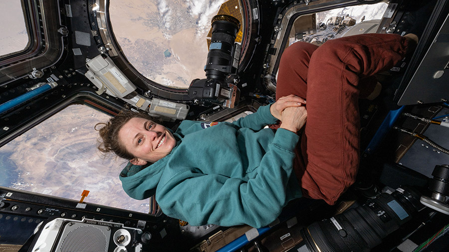 Astronaut Loral O'Hara is pictured inside the cupola as the orbital complex soared 259 miles above Turkmenistan.