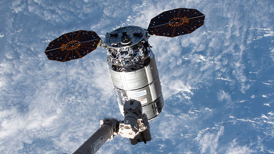 The Canadarm2 robotic arm reaches out to capture Northrop Grumman's Cygnus space freighter on Feb. 1, 2024.