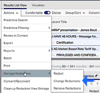 Computer image showing options for Redactions.