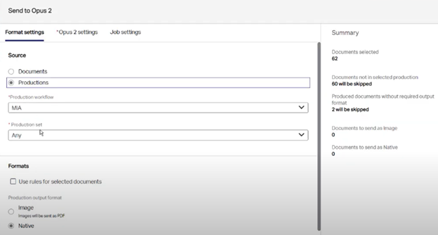 Computer image showing options for selecting production output and metadata.