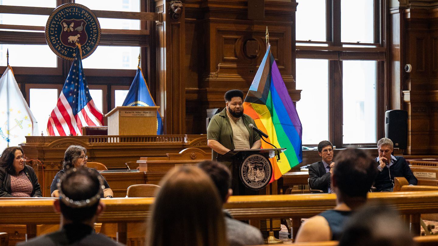 Rhode Island Pride organizer Rodney Davis addresses the crowd during a celebration for Pride month at Providence City Hall on June 9, 2023.