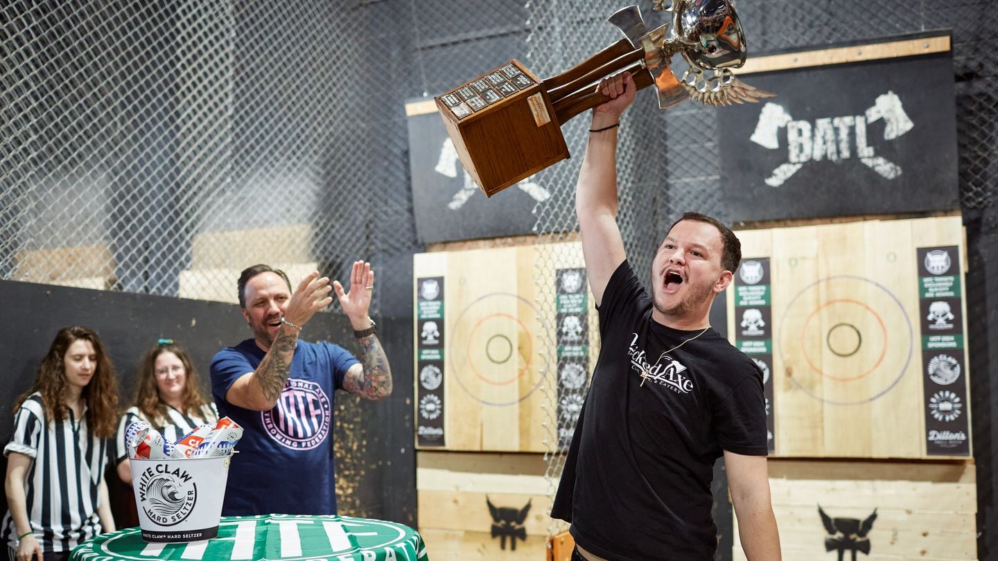 Austin Agosti of Nashua, N.H., bested 255 other contestants from around the globe to take the top prize at the International Axe Throwing Championships in Toronto on June 16.