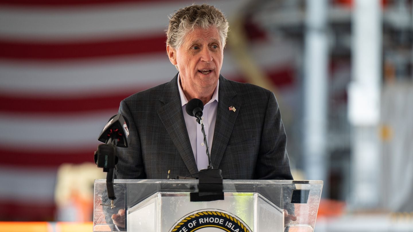 Governor Dan McKee speaks during an event with other R.I. leaders, Ørsted and Eversource to celebrate the launch of Revolution Wind’s advanced foundation components construction at the ProvPort offshore wind construction hub in Providence, R.I. on Monday, May 1, 2023.