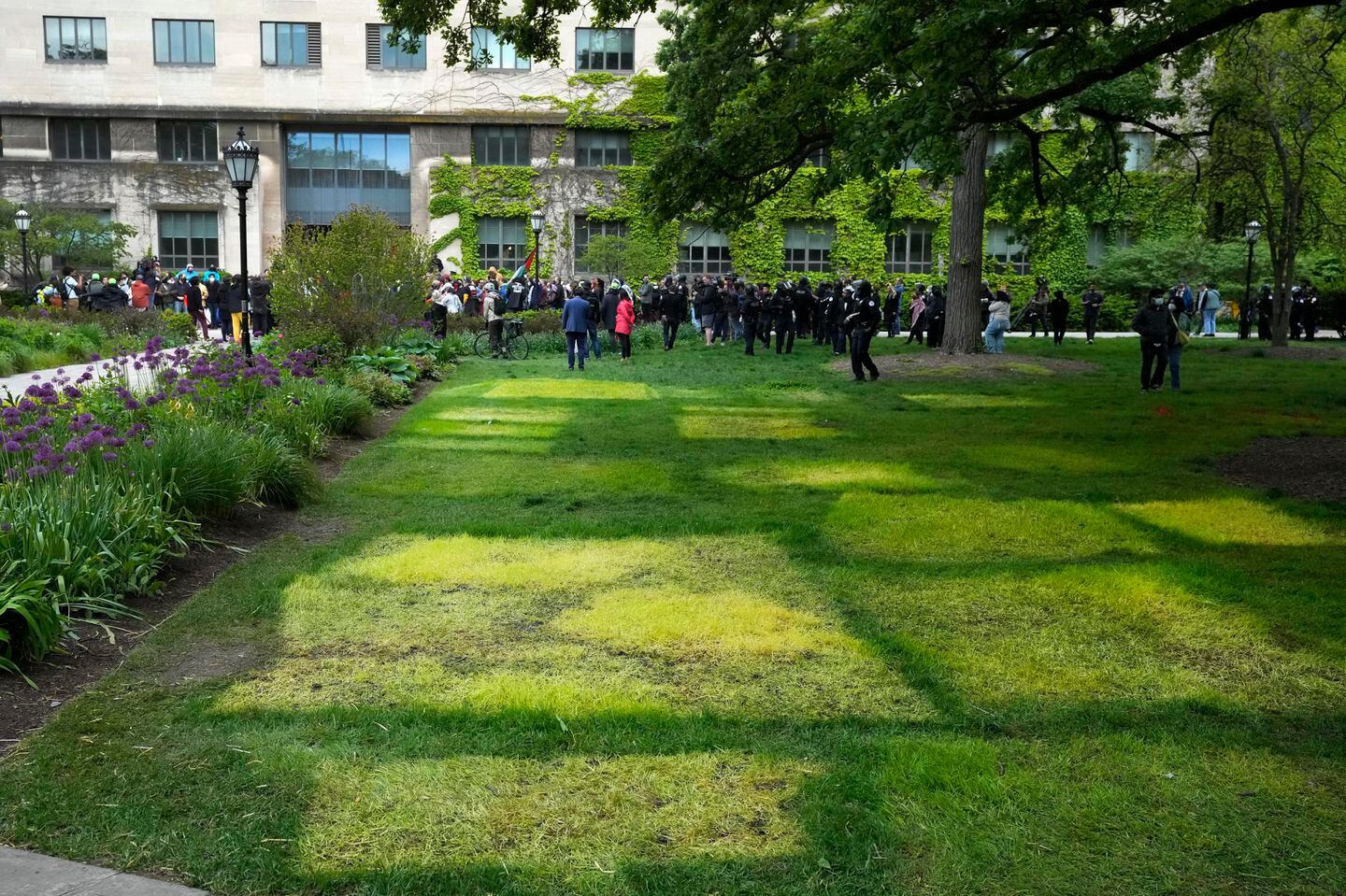 A patchwork of dying grass marked the locations of tents that had been a pro-Palestinian encampment at the University of Chicago on May 7.