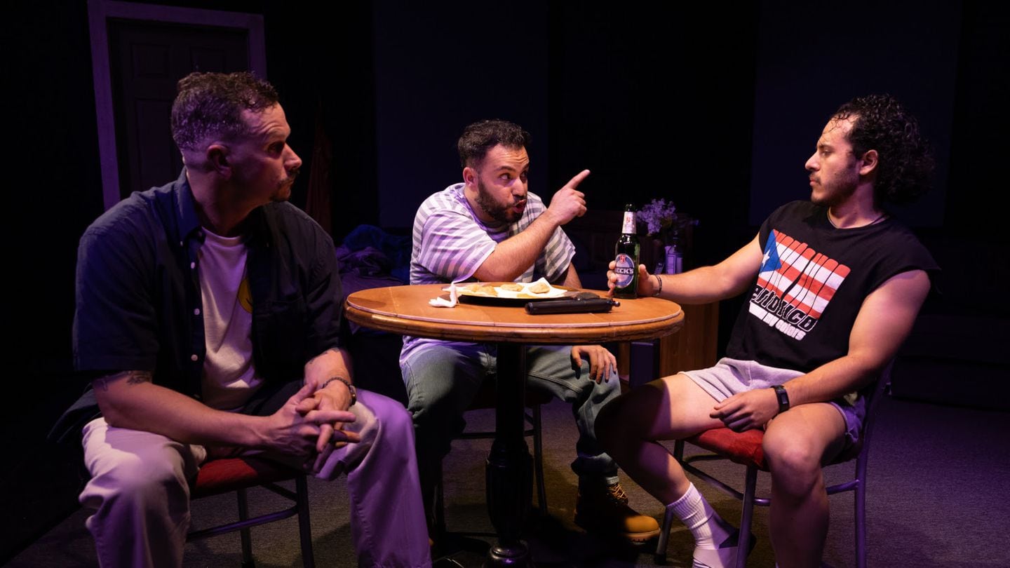 From left, Anthony Goes as Ralph D., Victor Machado as Jackie, and Arturo Puentes as Cousin Julio in Burbage Theatre Company's "The Motherf**ker with the Hat" in Pawtucket.