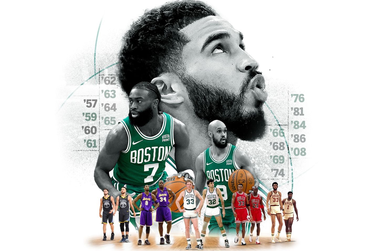 Illustration of Jayson Tatum, Jaylen Brown, and Derrick White along with other NBA greats for the 2024 Finals preview.
