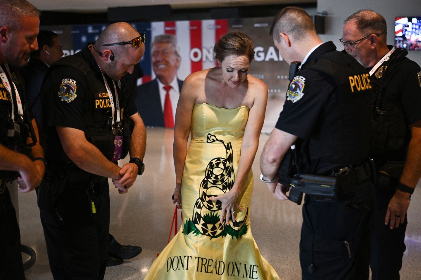 Attendee Sarah Brady wore a "Don't Tread on Me" dress during the second day of the 2024 Republican National Convention at the Fiserv Forum in Milwaukee, July 16.