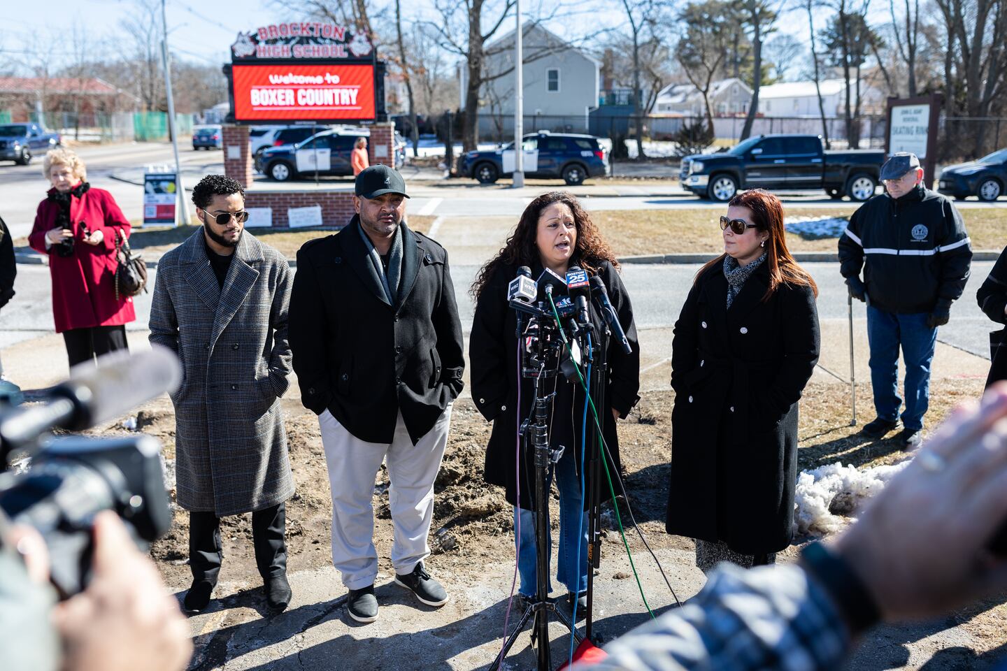Members of the Brockton School Committee, from left to right, Claudio Gomes, Tony Rodrigues, Joyce Asack, and Ana Oliver, held a press conference at Brockton High School Monday afternoon, after requesting the National Guard be deployed to curb violence at the school.