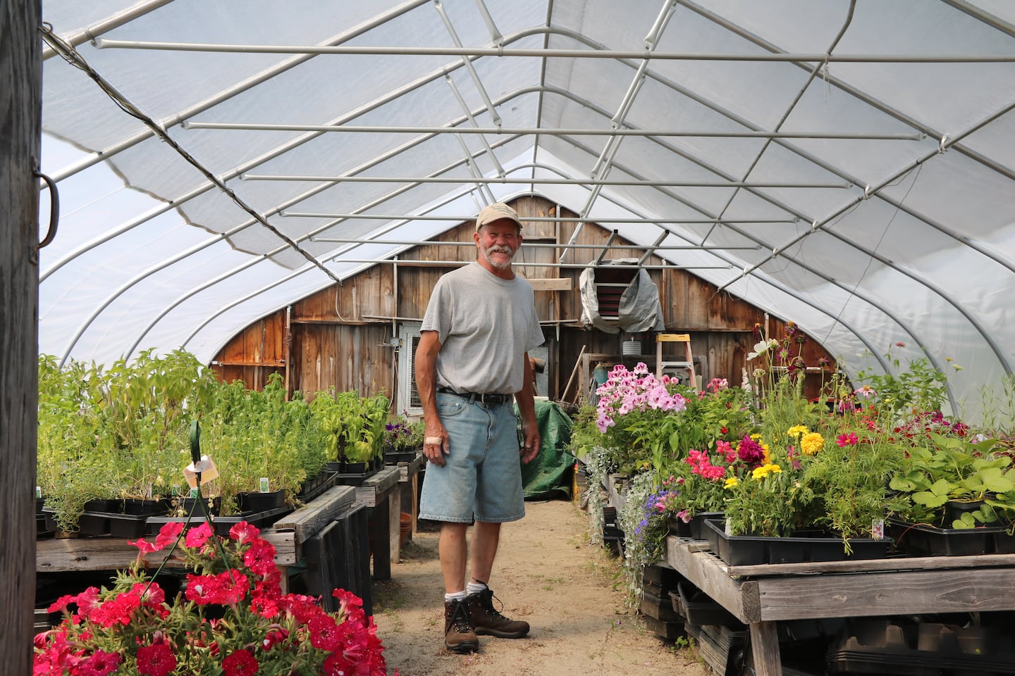 Todd Reed of Fitzwilliam, N.H., helped recruit a team of volunteers to put a new plastic cover on the greenhouse where Frances Bullock sells flowers and vegetables.
